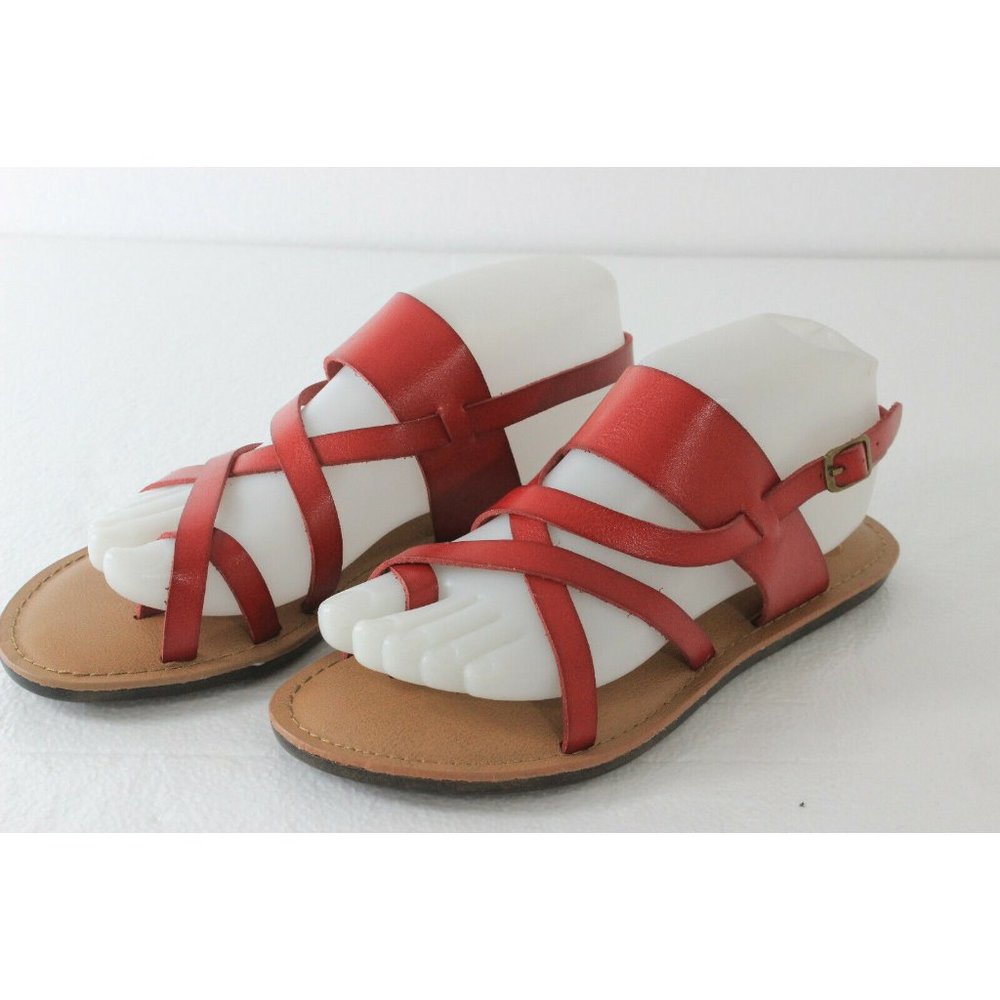 Womens Open Toe Ankle Strappy Back Zipper Flat Red